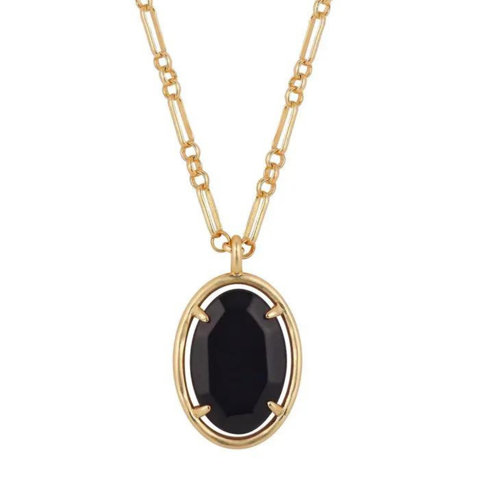 Black Agate Necklace Gold Paperclip Chain Oval Paperlink Chain Gemstone - Picture 1 of 3